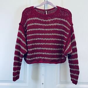 Free People Loose Knit Crochet Sweater - Women Size Small - Maroon and Gray